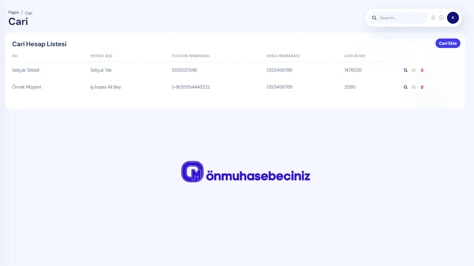 Cari hesap takip programı - Müşteri ve tedarikçi bakiye listesi ekranı