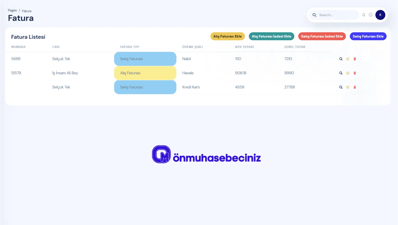 Fatura takip programı - Satış ve alış faturaları liste görünümü