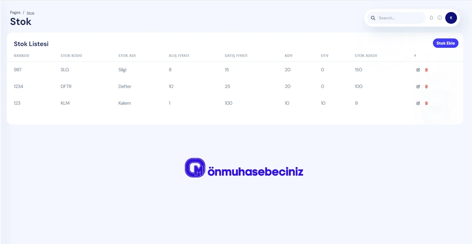 Stok takip programı - Ürün envanter listesi ve depo yönetimi ekranı